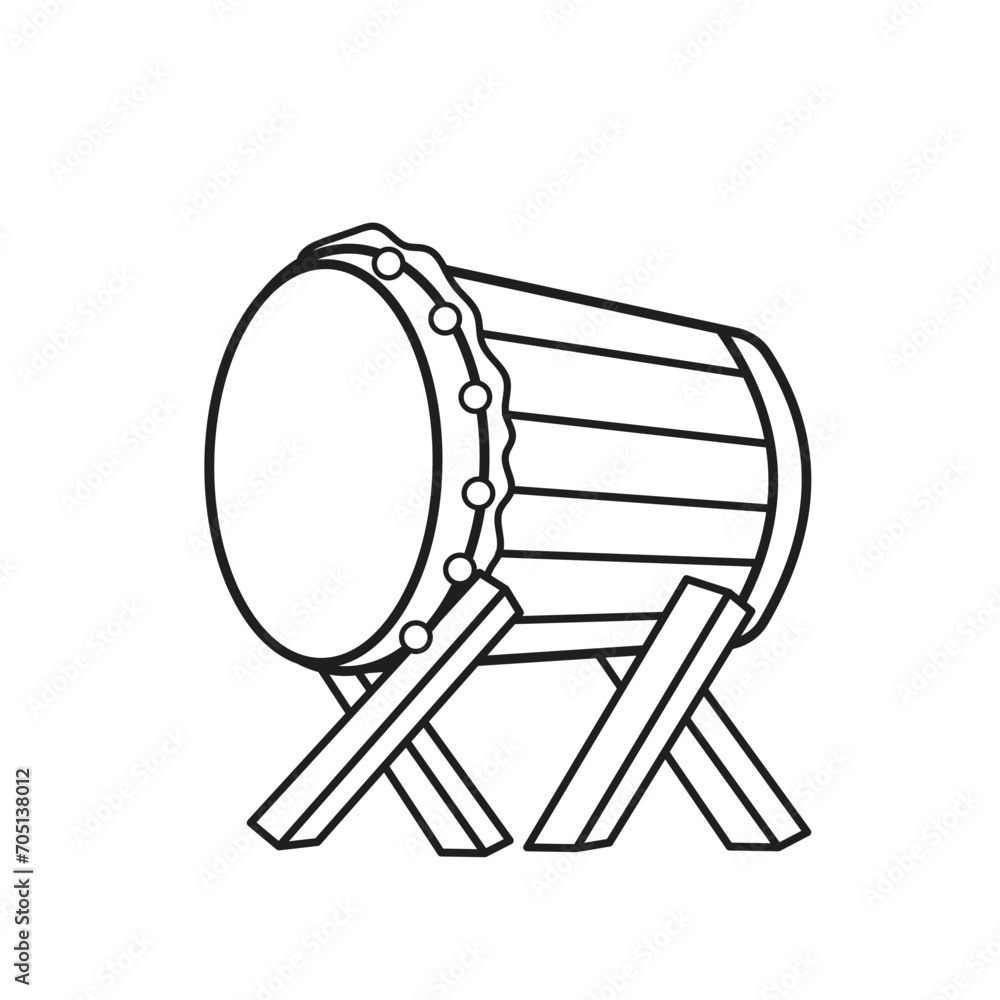 Beduk or Bedug islamic drum icon vector illustration outline isolated on square white background. Simple flat black and white monochrome minimalist cartoon art styled drawing.