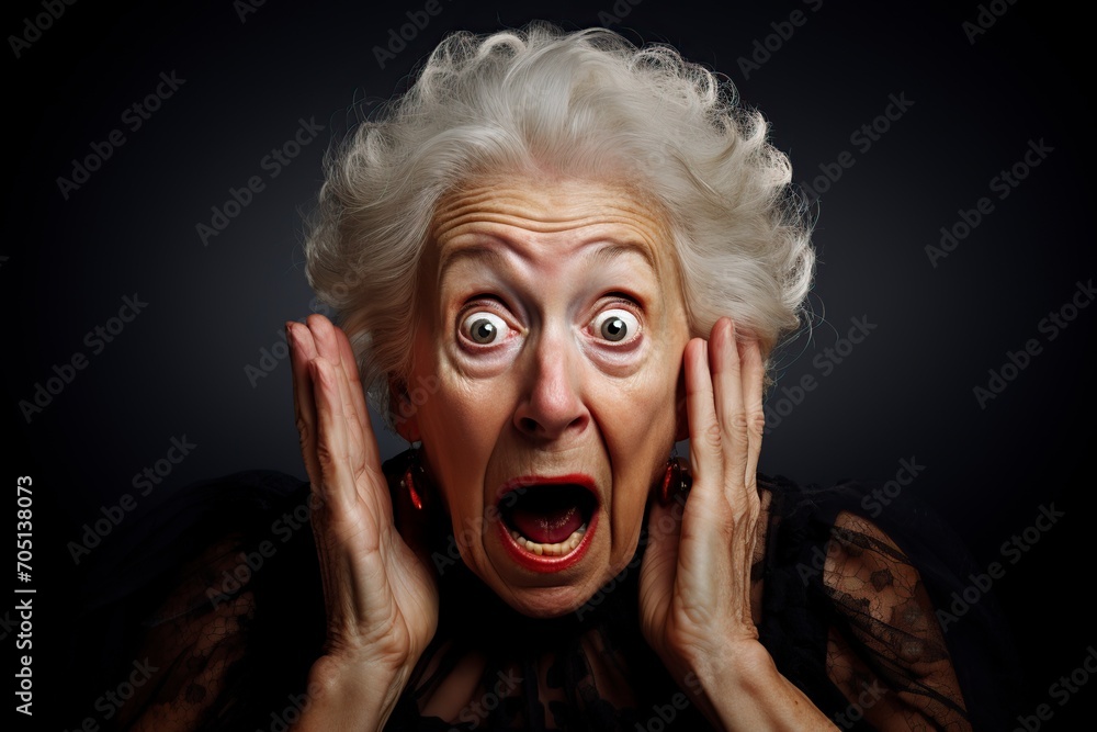 elderly lady in shock with extreme surprise face elderly lady in shock with extreme surprise face
