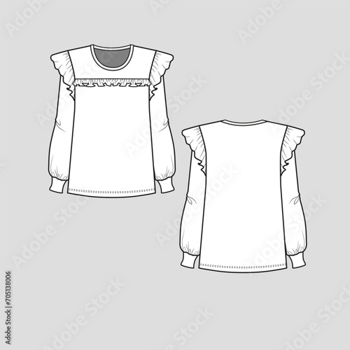 Ruffles frill top front crew neck  frill detail ruffles sleeve long sleeve with cuff t shirt top blouse women fashion flat sketch technical drawing template design vector