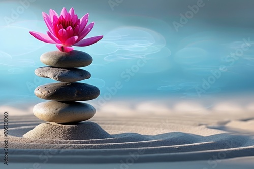 Lotus Flower Atop Zen Stone Pile. Vibrant pink lotus balanced on a cairn with a blue background.