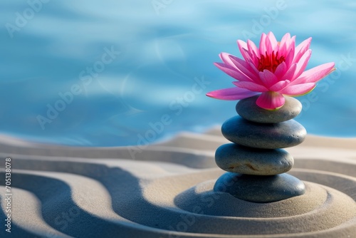 Zen Lotus Flower on Stacked Stones. Pink lotus on balanced stones with a serene blue water backdrop.