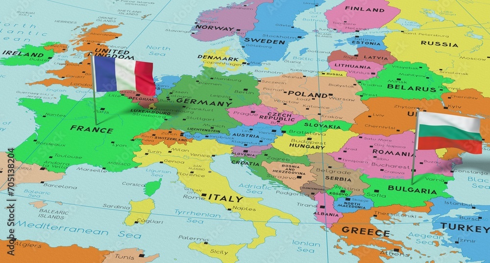 France and Bulgaria - pin flags on political map - 3D illustration