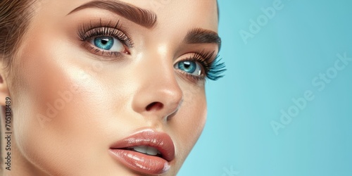 Eyelash extensions. Beautiful woman with extreme long false eyelashes photo