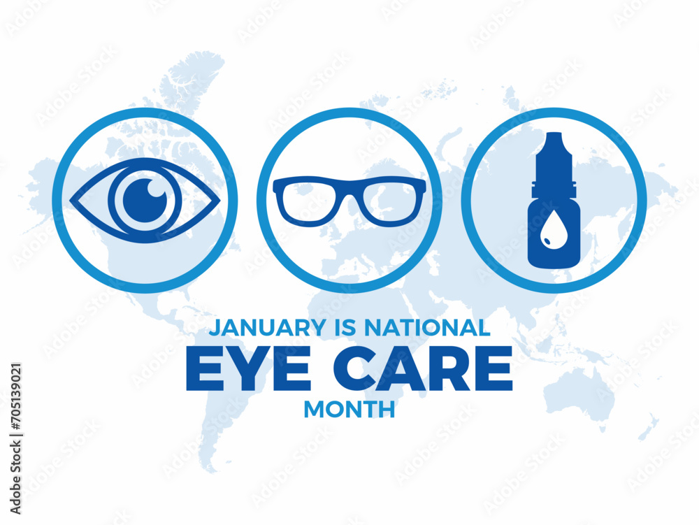 January is National Eye Care Month poster vector illustration. Human eye, glasses, eye drops bottle simple blue icon set. Healthy vision graphic design element. Important day