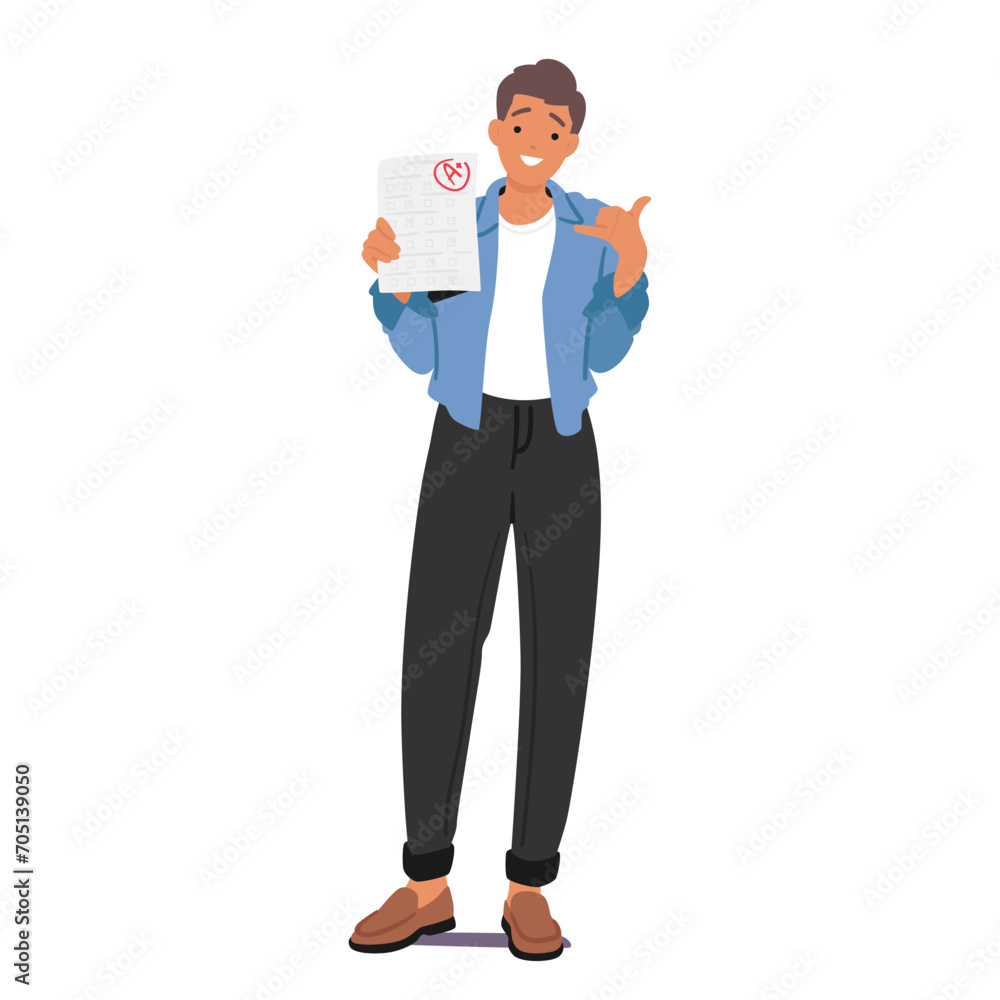 Ecstatic Male Student Character Proudly Displays His A Plus Test Result, Beaming With Achievement And Success Ecstatic Male Student Character Proudly Displays His A Plus Test Result, Beaming With Achievement And Success