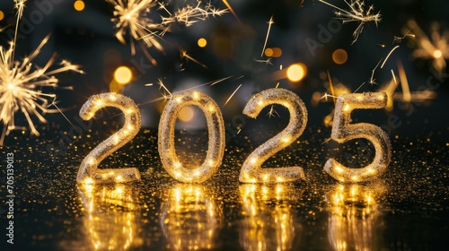 Silvester New Year, New Year's Eve 2025 party event celebration holiday greeting card - Closeup of gold glittering 3d year number on table, sparkling sparklers and and bokeh lights in the background photo