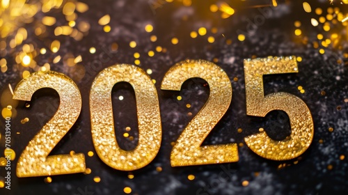 Silvester New Year, New Year's Eve 2025 party event celebration holiday greeting card - Closeup of gold glittering 3d year number on table, sparkling sparklers and and bokeh lights in the background