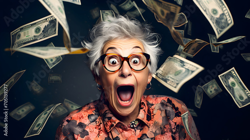 Super excited and shocked elderly woman with money flying around her photo