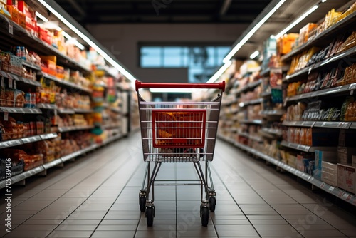 supermarket aisle with empty shopping cart photo