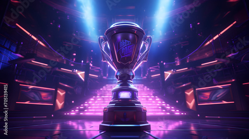 The esports winner trophy standing on the stage in the middle of the arena of the computer video game championship
