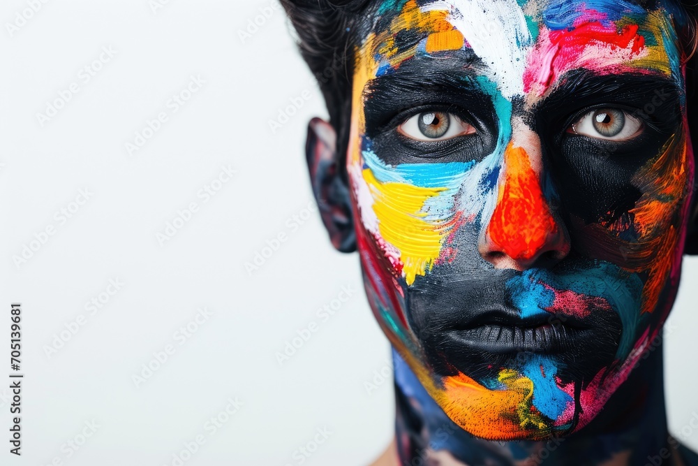 Creative portrait of a man with abstract face paint, white background