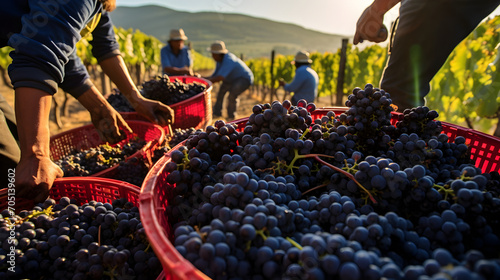 Workers harvest grapes, a bounty of nature's finest, ready to craft the essence of exquisite wine