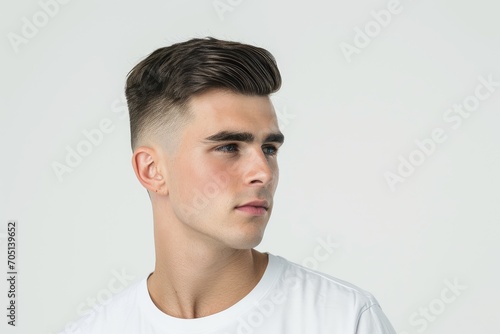 Contemporary portrait of a man with a trendy haircut, white background