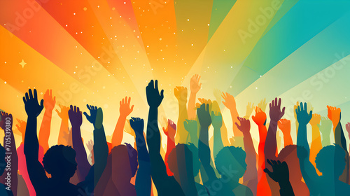 People raising their hands in the air. Colorful Illustration of Human rights