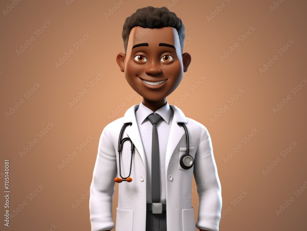 3D Doctor. African american male character. Simple cartoon fun afro person with stethoscope and uniform. 3D Doctor. African american male character. Simple cartoon fun afro person with stethoscope and uniform.