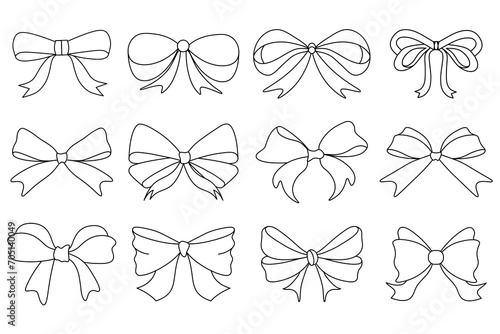 Set of graphical decorative bows. Ribbon bow gift black silhouette icon vector set