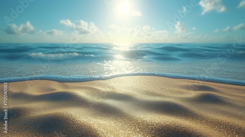 Sand close-up with a blurred sea and sky background, perfect for summer-themed concepts or product displays.