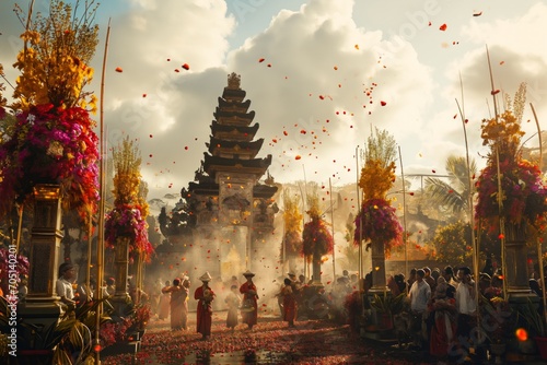 Balinese new year, traditional holiday. Celebrating at a temple in Bali with a large group of people