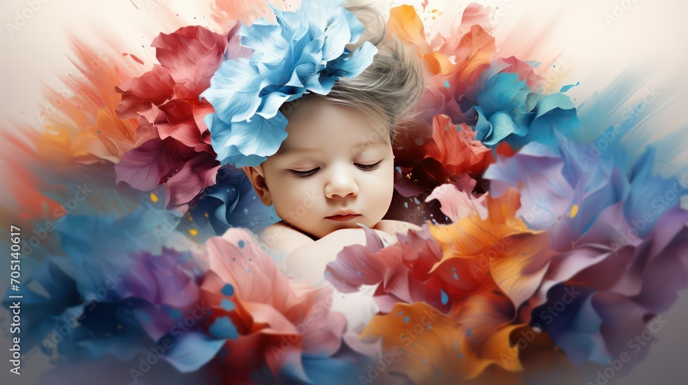 Fototapeta premium Flowers with baby colorful illustration