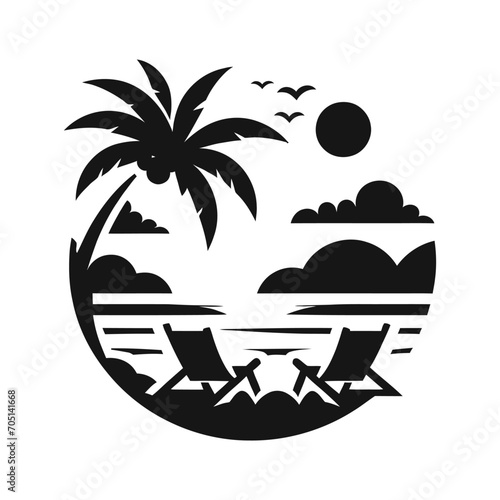 Beach holiday vector silhouette, Palm tree silhouette on the beach by the sea for summer vacation