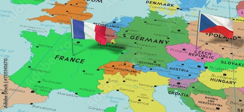 France and Czech Republic - pin flags on political map - 3D illustration