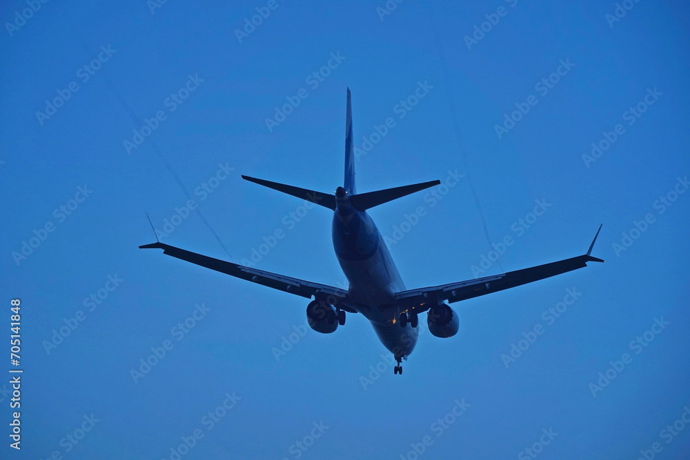 Obraz premium The plane is flying in the sunset evening sky.