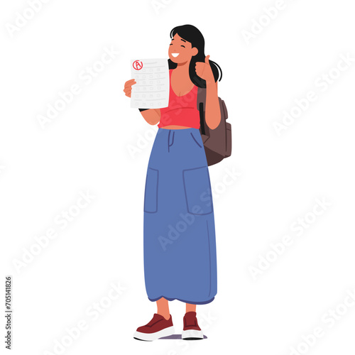 Cheerful Student Girl Character Proudly Displays Her A Test Result, Radiating Accomplishment And Joy