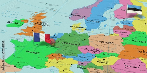 France and Estonia - pin flags on political map - 3D illustration