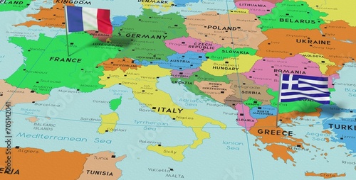 Fototapeta Naklejka Na Ścianę i Meble -  France and Greece - pin flags on political map - 3D illustration