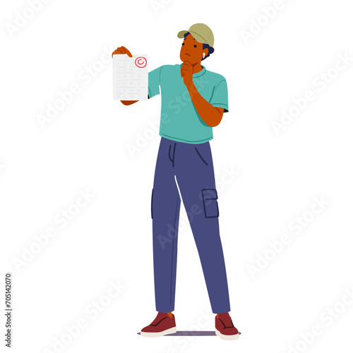 Disappointed Student Boy Character Holds Up His C Test Result, His Expression A Mix Of Frustration And Determination