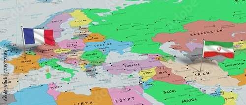 France and Iran - pin flags on political map - 3D illustration