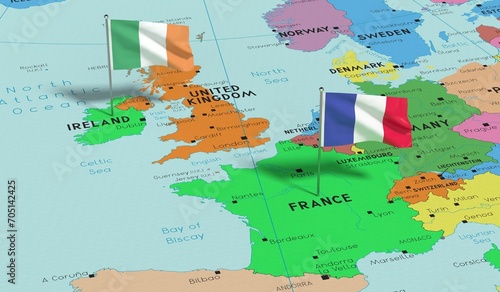 France and Ireland - pin flags on political map - 3D illustration