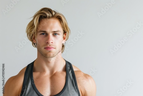 Fitness-themed portrait of a blonde man, athletic build, white background