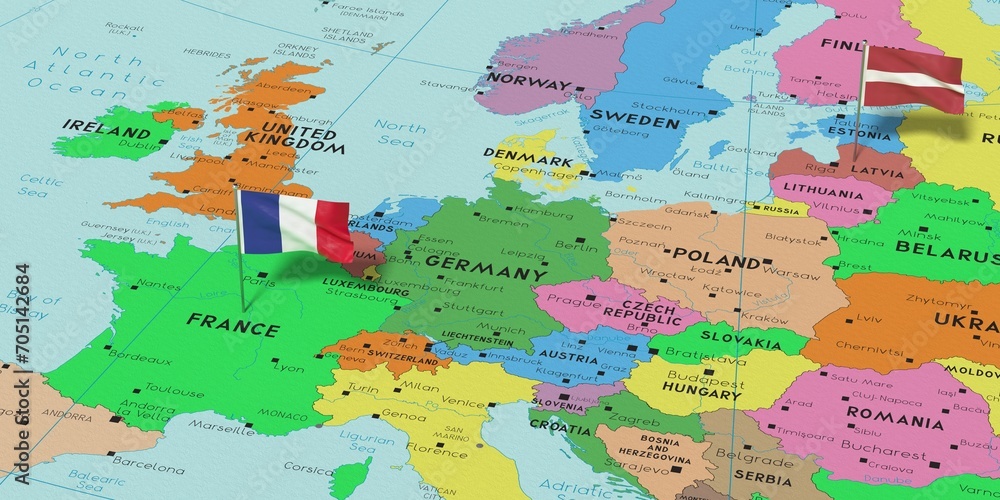 Obraz premium France and Latvia - pin flags on political map - 3D illustration