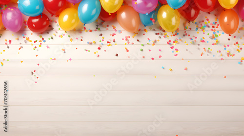 top view colorful balloons and confetti on white wooden table. Festive or party background.