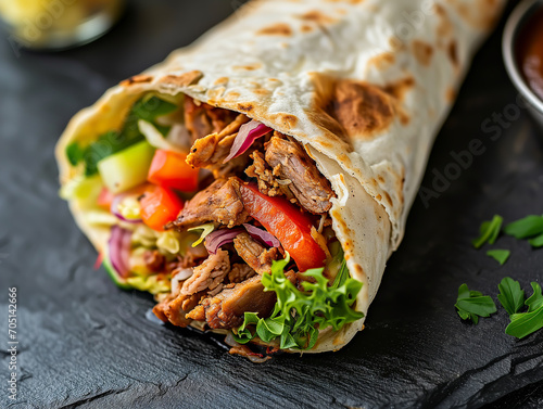Donner kebab chicken shaorma wrap up close view with vegetables photo