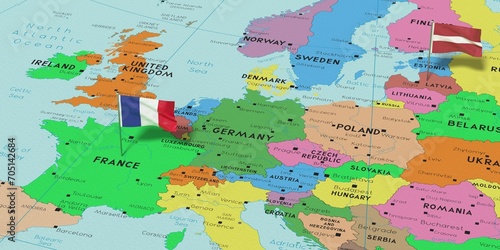 France and Latvia - pin flags on political map - 3D illustration