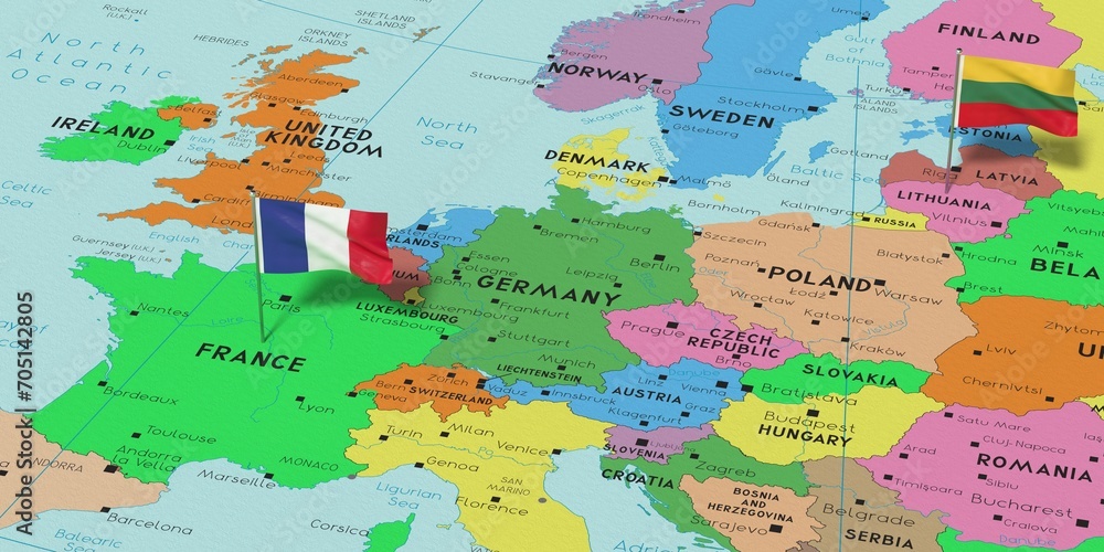 Obraz premium France and Lithuania - pin flags on political map - 3D illustration