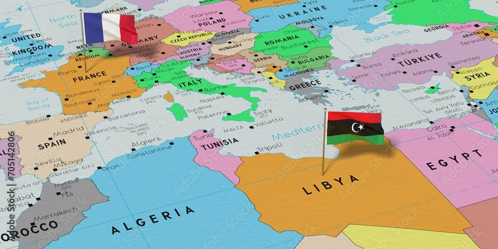 Naklejka premium France and Libya - pin flags on political map - 3D illustration