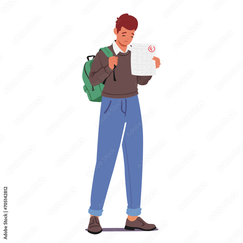 Dejected Student Boy Character Reveals His F Test Result With A Frowning Expression, Portraying Disappointment Dejected Student Boy Character Reveals His F Test Result With A Frowning Expression, Portraying Disappointment