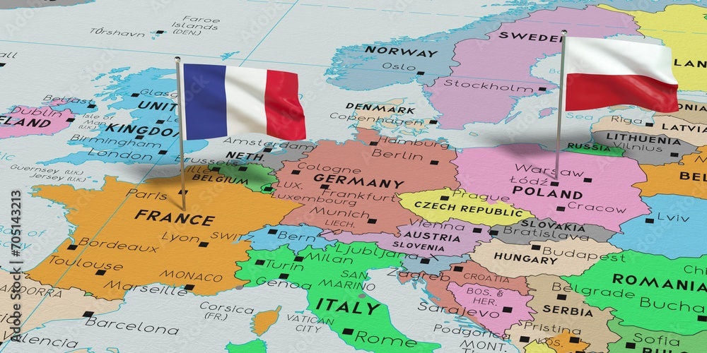 Naklejka premium France and Poland - pin flags on political map - 3D illustration