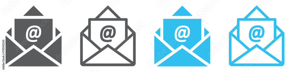 Set of mail envelope icons. Email symbol, newsletter sign, open email address. Open envelope pictogram, mail services. Vector. Set of mail envelope icons. Email symbol, newsletter sign, open email address. Open envelope pictogram, mail services. Vector.