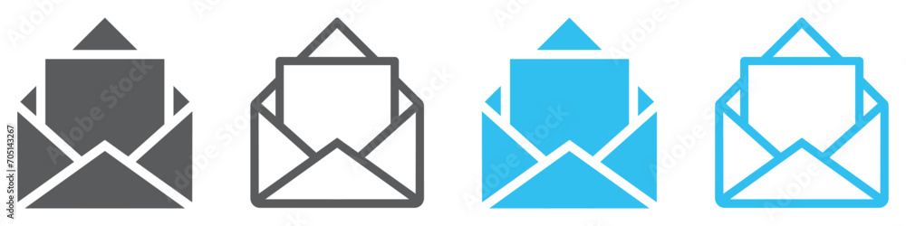 Set of mail envelope icons. Email symbol, newsletter sign, open email address. Open envelope pictogram, mail services. Vector. Set of mail envelope icons. Email symbol, newsletter sign, open email address. Open envelope pictogram, mail services. Vector.