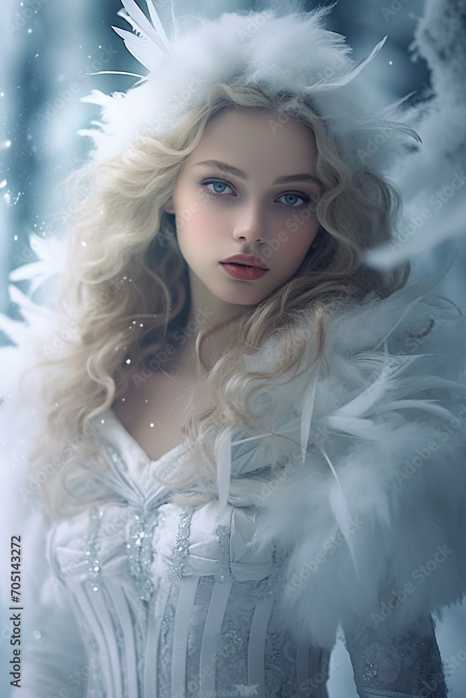 fashionable princess in the snowy winter forest