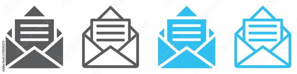 Set of mail envelope icons. Email symbol, newsletter sign, open email address. Open envelope pictogram, mail services. Vector. Set of mail envelope icons. Email symbol, newsletter sign, open email address. Open envelope pictogram, mail services. Vector.