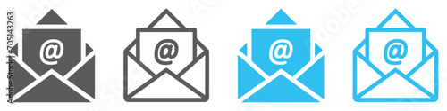 Set of mail envelope icons. Email symbol, newsletter sign, open email address. Open envelope pictogram, mail services. Vector.