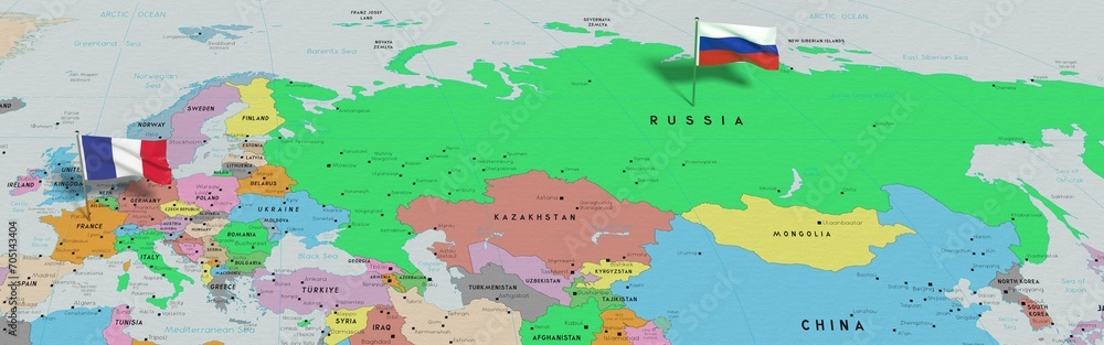 Obraz premium France and Russia - pin flags on political map - 3D illustration