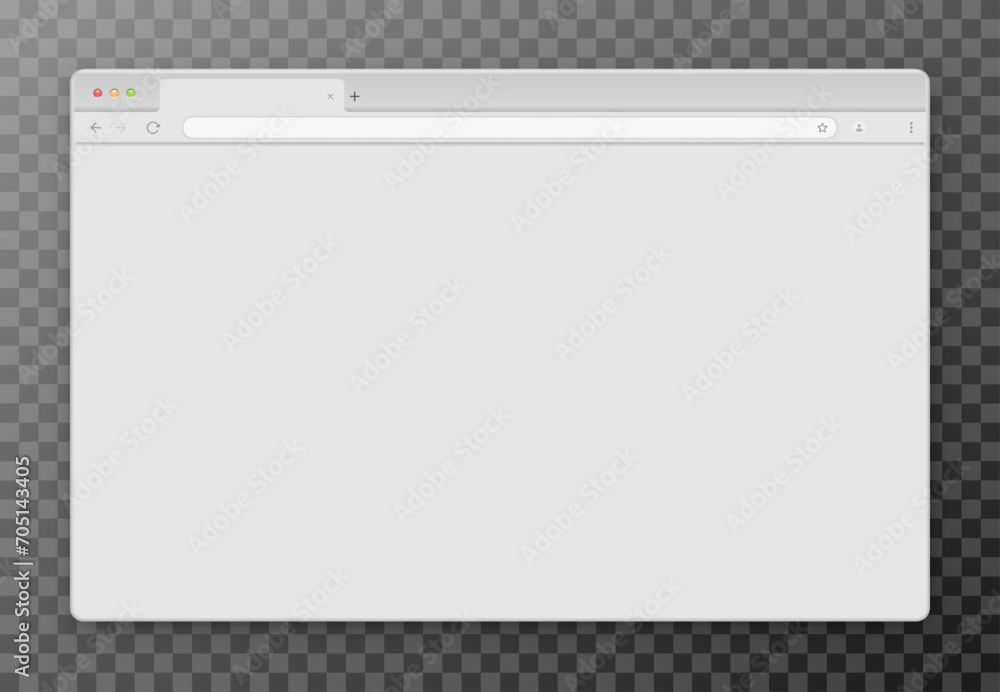 An empty gray browser window on a transparent background. Website layout with search bar, toolbar and buttons. Vector EPS 10. - obrazy, fototapety, plakaty 