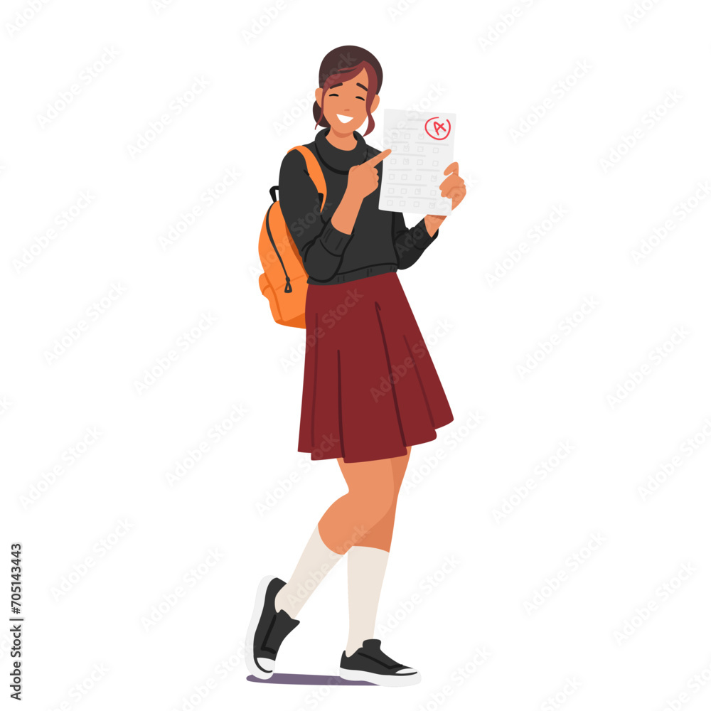 Excited Student Girl Character Beams, Proudly Displaying Her A Test Result, Radiating Achievement And Success Excited Student Girl Character Beams, Proudly Displaying Her A Test Result, Radiating Achievement And Success