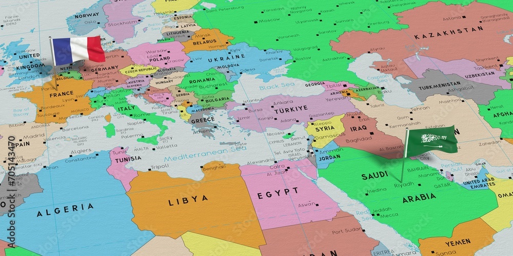 France and Saudi Arabia - pin flags on political map - 3D illustration